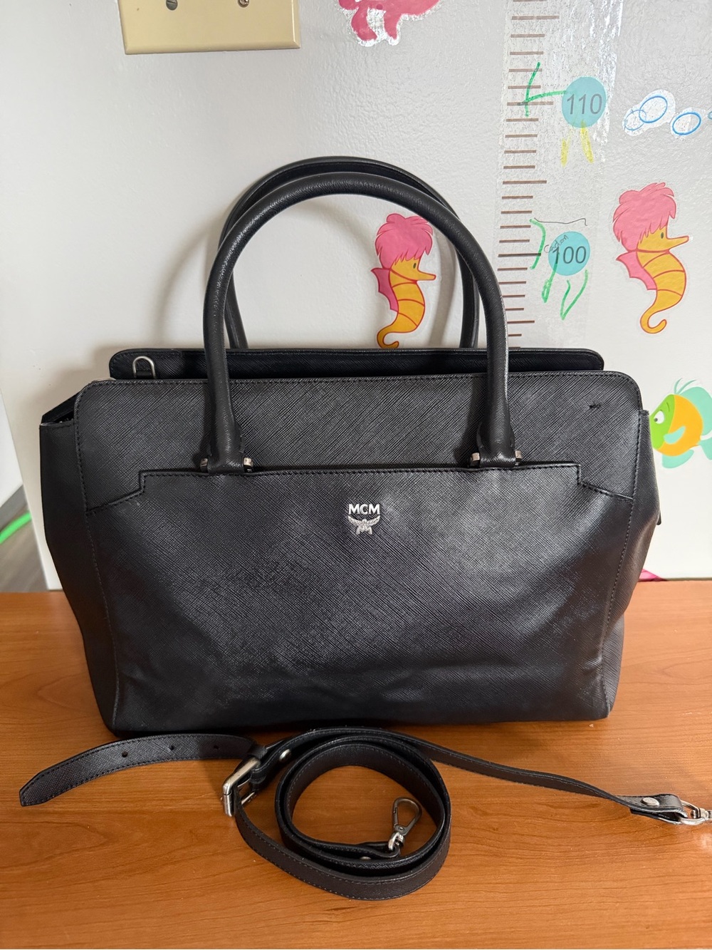 MCM Black Saffiano Leather Satchel with Detachable Strap
